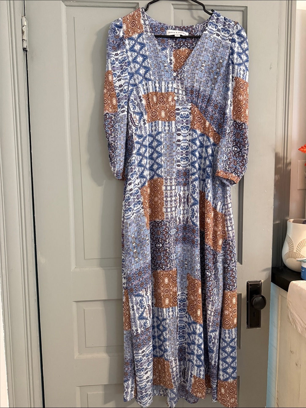 Boho Patchwork V-Neck Maxi Dress in Blue and Brown